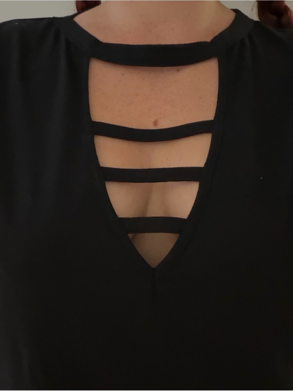 SHEIN Black Caged Deep V Neck Tee Women’s Size Large Stretchy Casual Top